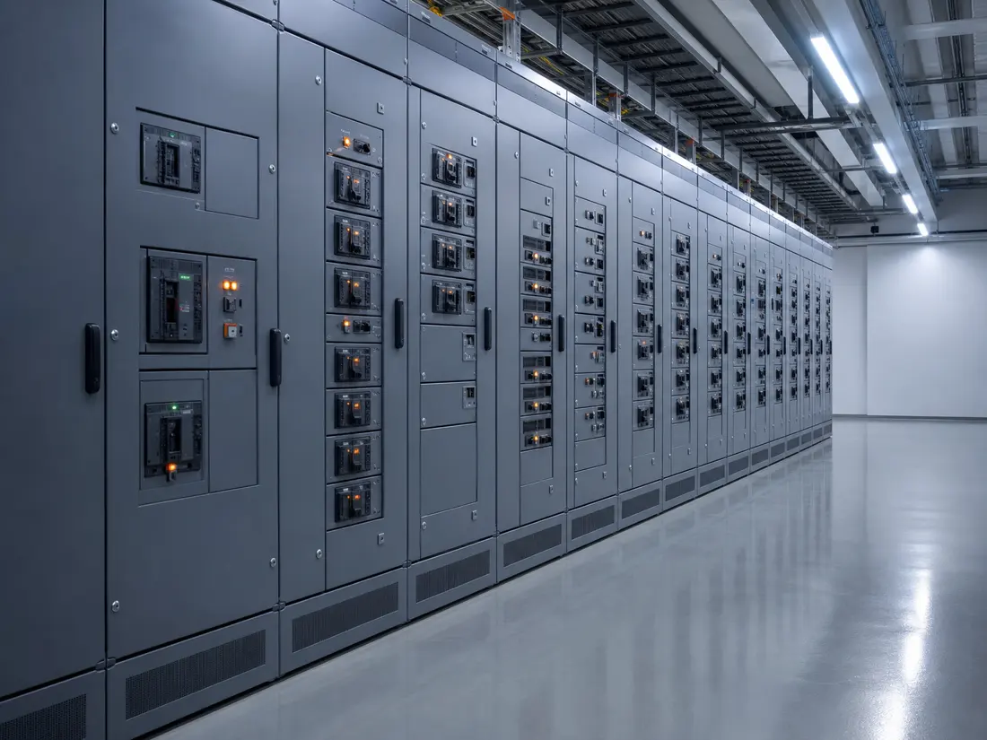 Row of low-voltage electrical switchgear panels in a clean plant room