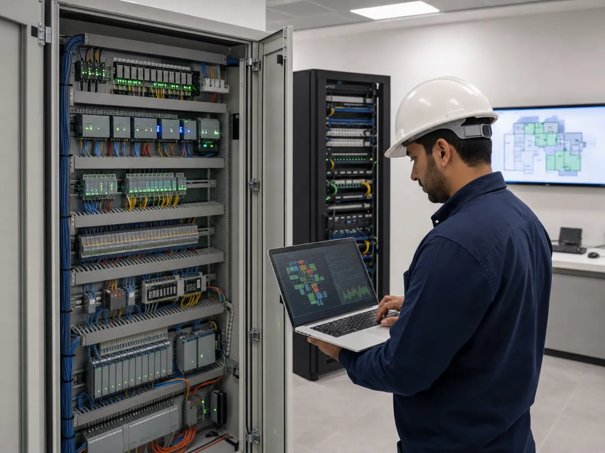 Controls engineer with a laptop beside an open building management system control cabinet and network rack