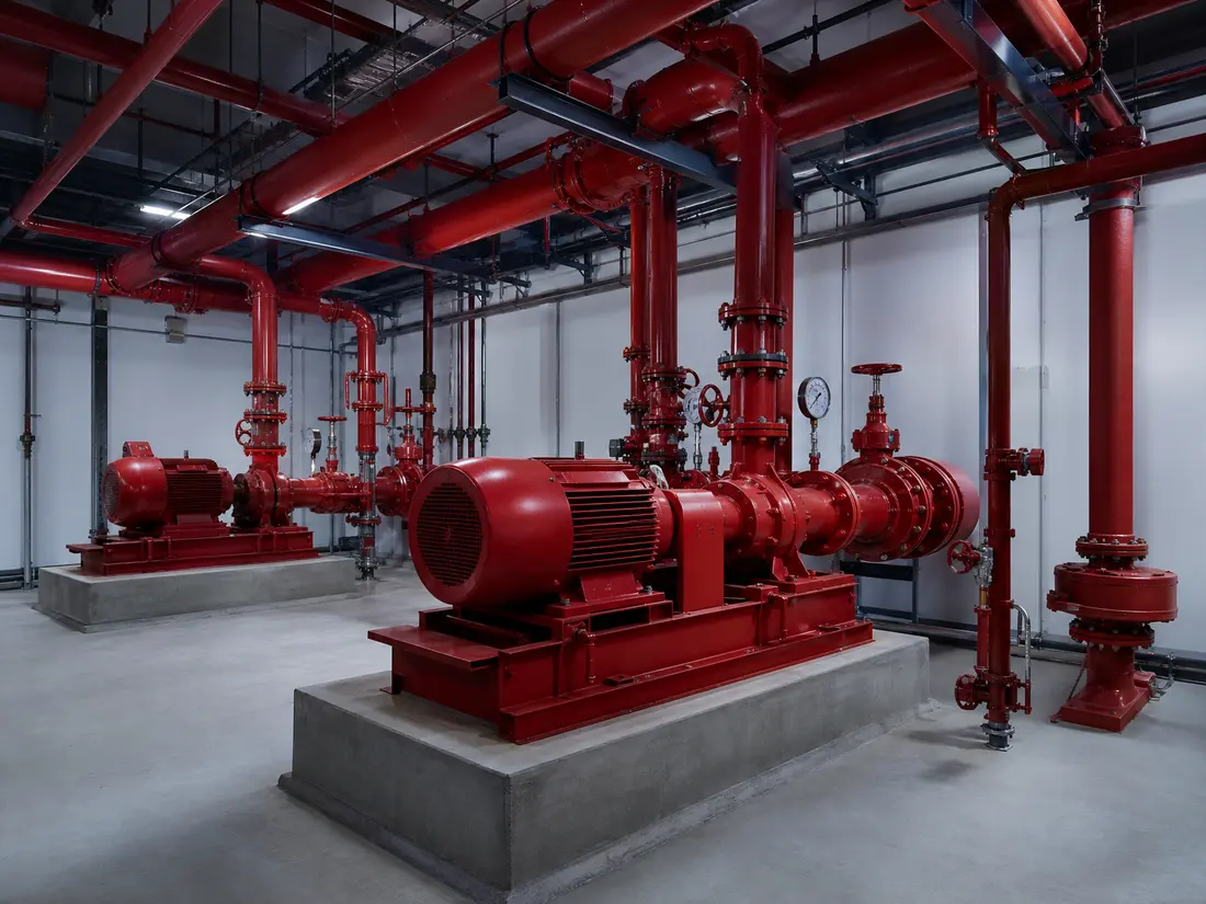 Red fire pumps and pipework in a building fire pump room