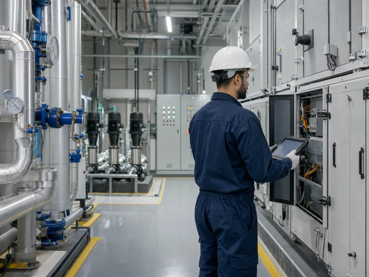 Maintenance engineer with a tablet inspecting an open air handling unit panel in a plant room
