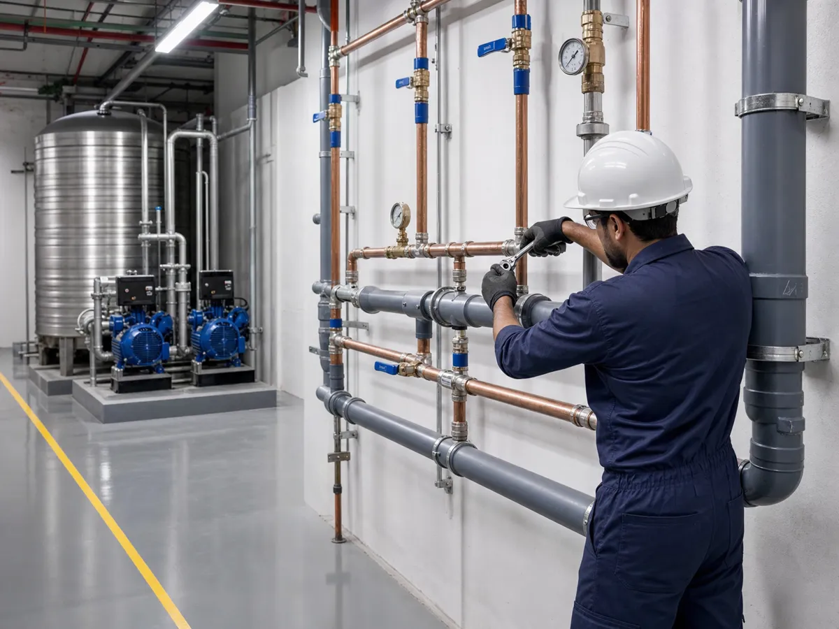 Plumber in a hard hat tightening a coupling on copper and grey drainage pipework beside a water tank and booster pumps