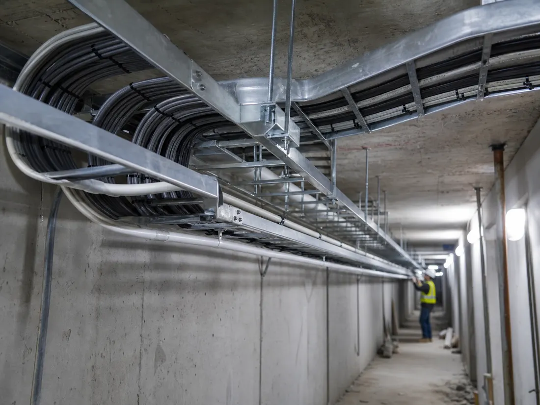 Galvanised cable tray and ladder carrying dressed power cables along a services corridor