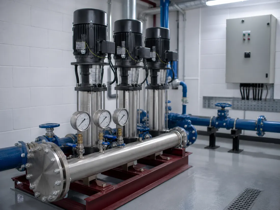 Vertical multistage booster pump set with pressure gauges and blue steel pipework