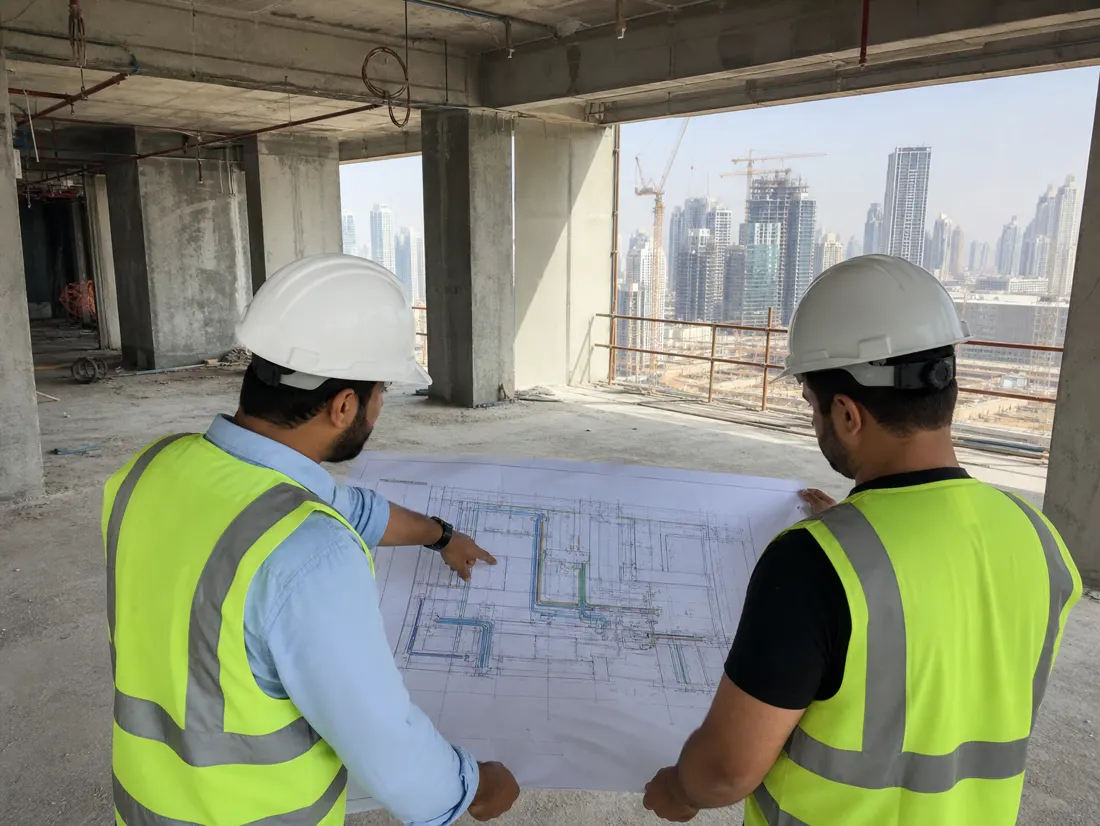 Two site engineers reviewing an MEP shop drawing on an unfinished floor plate