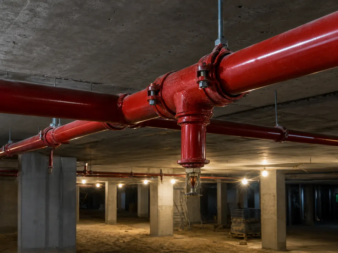 Red sprinkler pipework with pendant heads beneath a concrete basement soffit