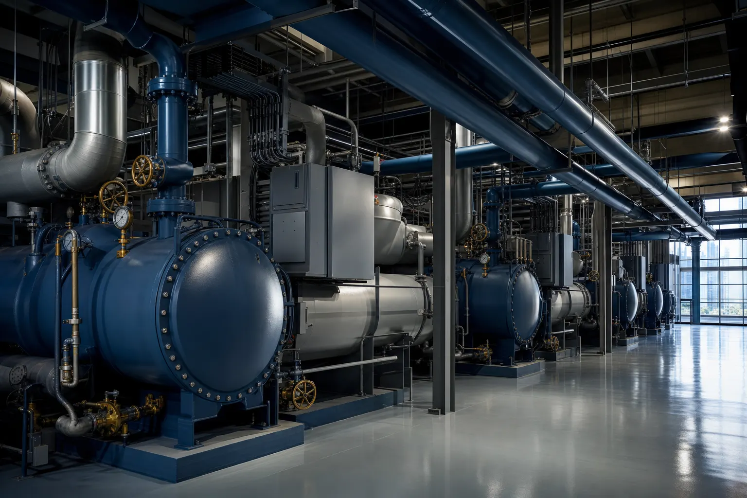 Chillers and insulated chilled-water pipework in a building plant room