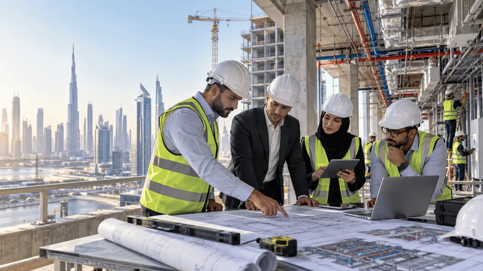 Project engineers in hard hats reviewing MEP drawings on a Dubai construction site