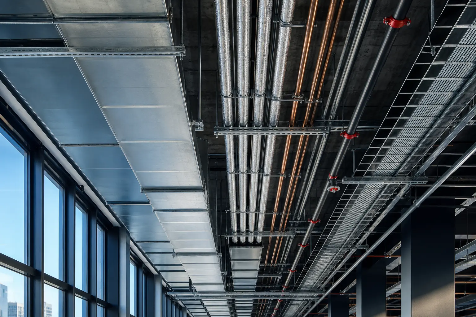 Coordinated ceiling void with ductwork, pipework and cable tray running together